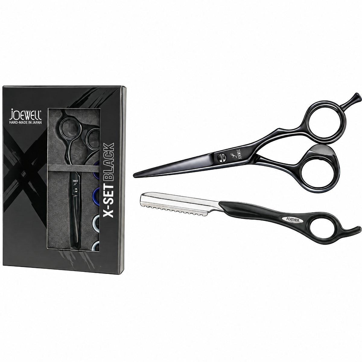 Joewell X Set 5.75 incl. Feather Barberkniv / Razor Black - Frisørsakse Sæt - Sort - OS Frisørartikler